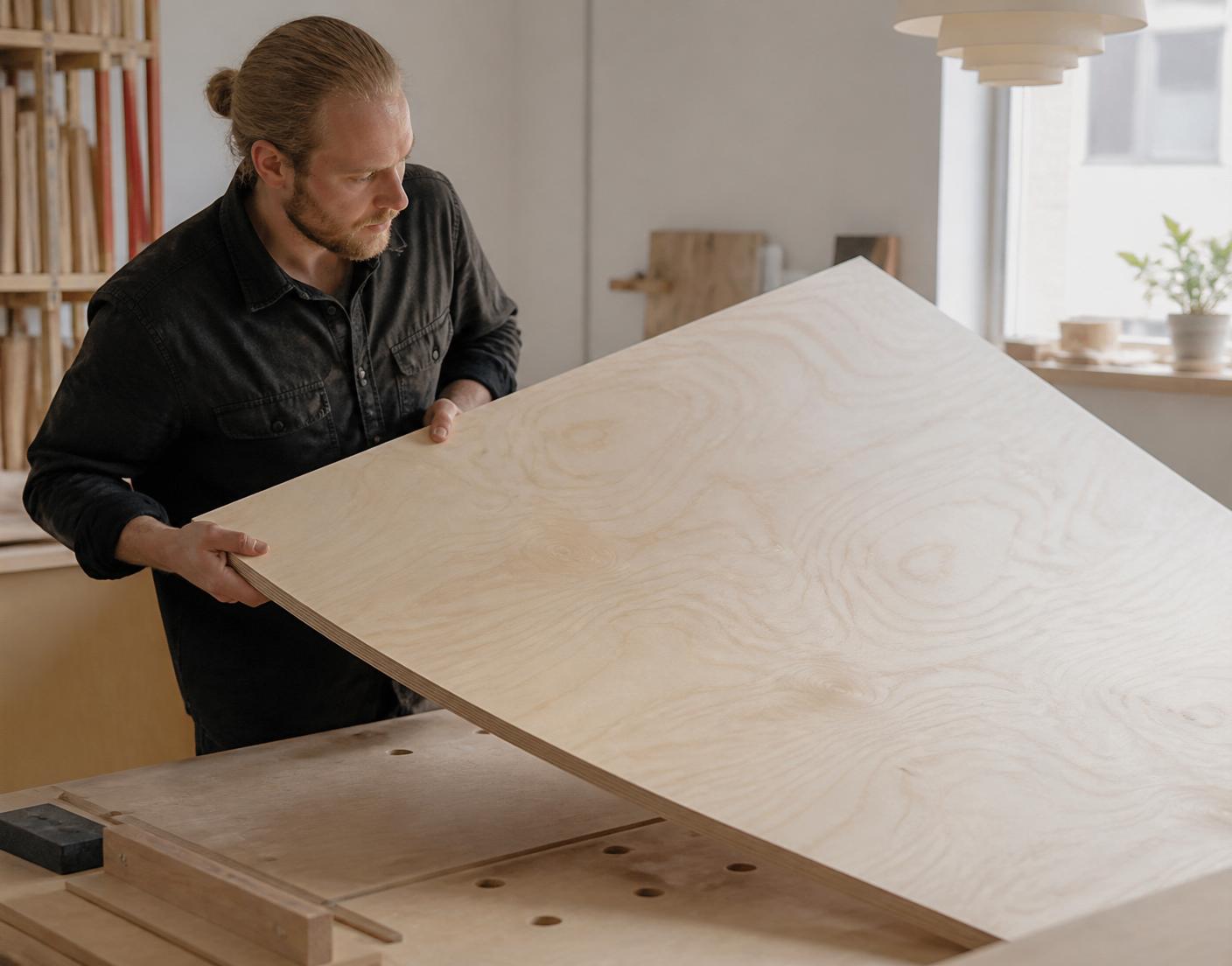 Craftsperson handling precision-milled plywood in a bright workshop