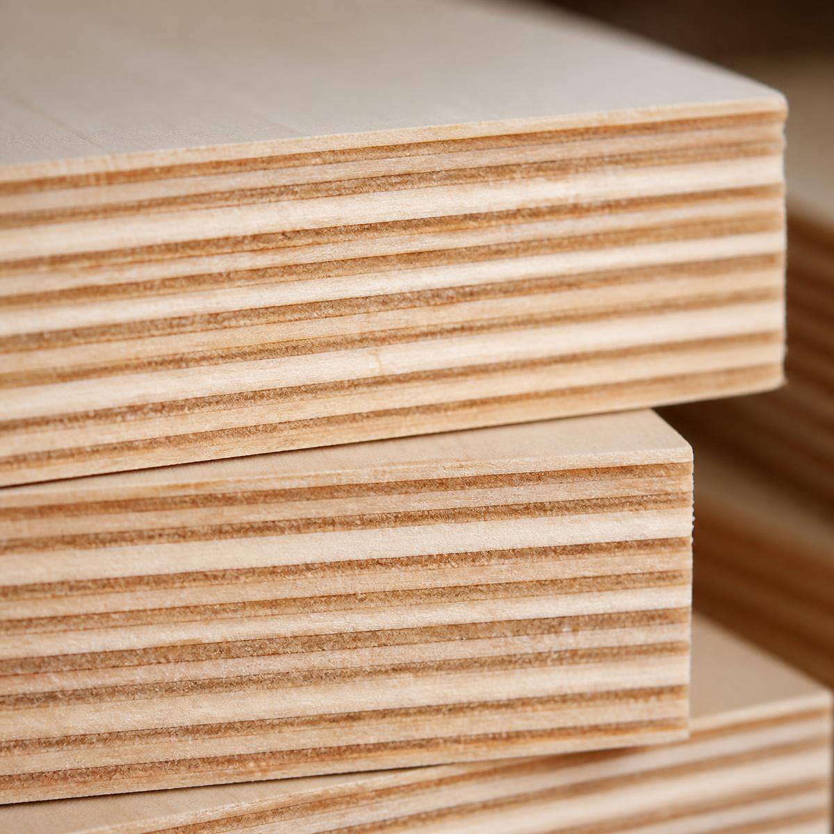Macro view of layered birch plywood edges